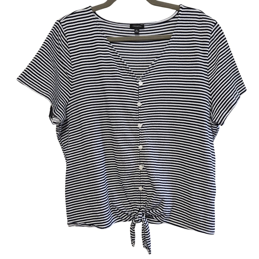 Talbots Womens XL Casual Black White Striped Ribbed Button Tie Front V-Neck Top